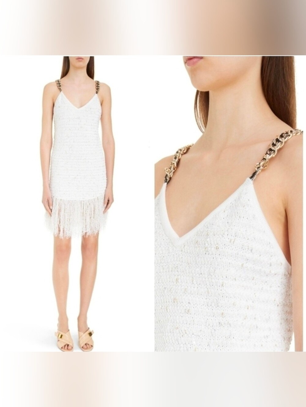 Balmain Chain Strap Fringe Tweed Mini Dress